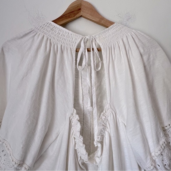 Porridge White Eyelet Embroidery Anglaise Smocked Boho Coastal Back-Tie Top M - Picture 12 of 16